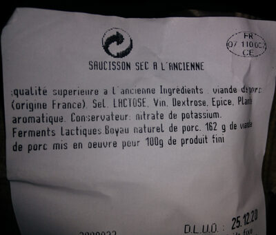 Saucisson sec, d'Ardèche ingredients label