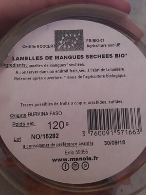 Lamelles de mangues sechees bio ingredients label