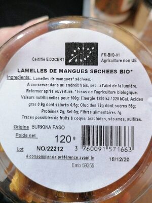 Lamelles de mangues sechees bio nutrition facts table