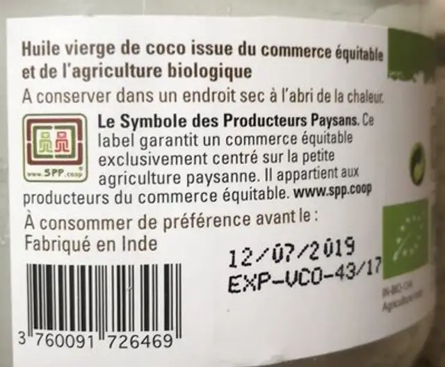 huile vierge de coco origine kerala ingredients label