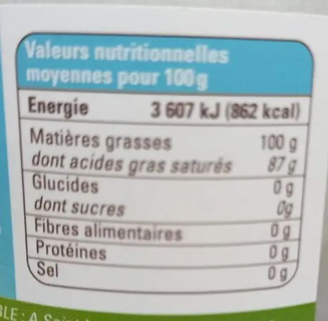 huile vierge de coco origine kerala nutrition facts table