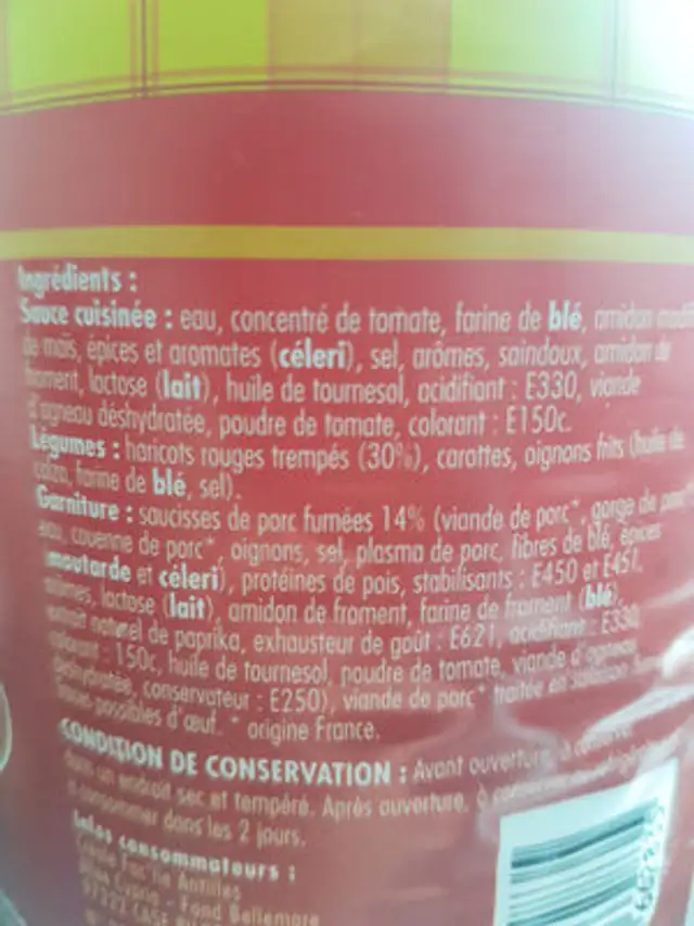 Cassoulet à la créole ingredients label