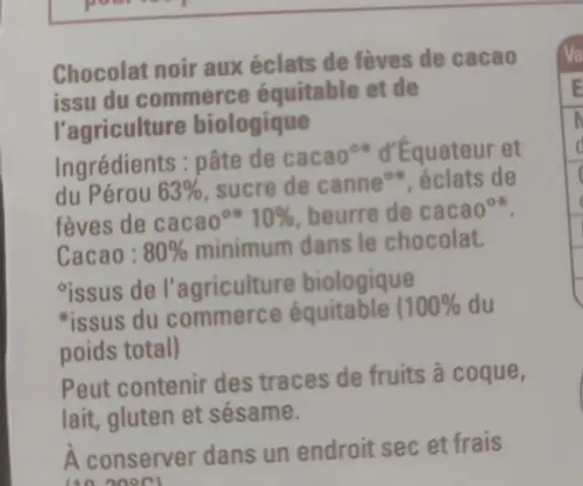 Chocolat noir Fèves de cacao ingredients label