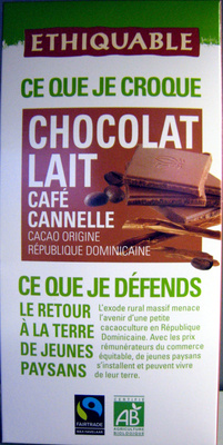 Chocolat au lait café cannelle Cacao origine République Dominicaine Ethiquable front packaging