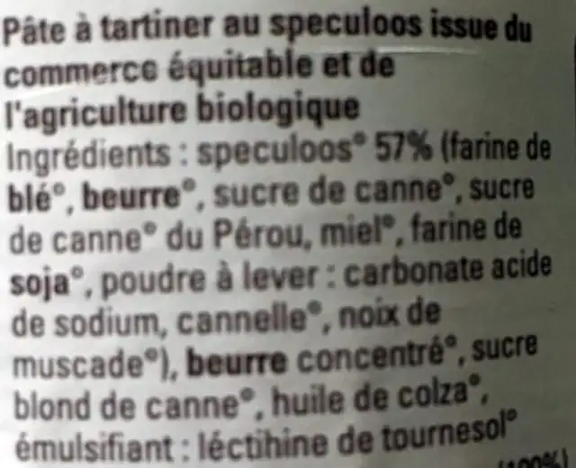 Spéculoos pâte à tartiner ingredients label