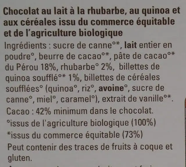 Chocolat Lait Rhubarbe Quinoa ingredients label