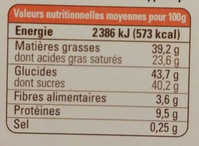 Chocolat Lait Rhubarbe Quinoa nutrition facts table