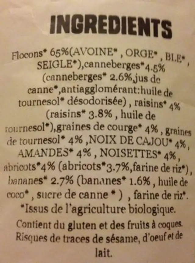 Muesli 35% de fruits et graines Classiques 750g ingredients label