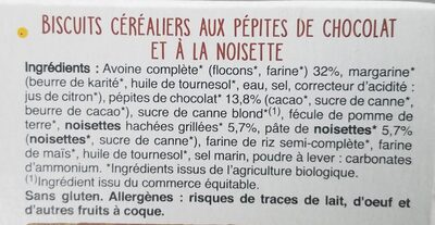 Cookies avoine choco noisettes ingredients label