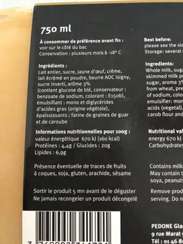 Crème glacée saveur café ingredients label