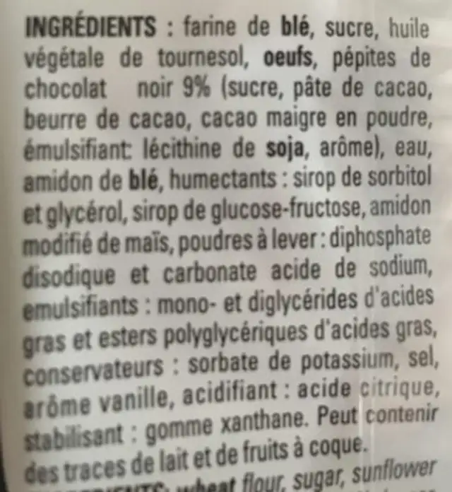 Mini muffins pépites chocolat C'TROBON ingredients label
