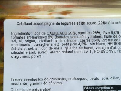 Dos de cabillaud ingredients label