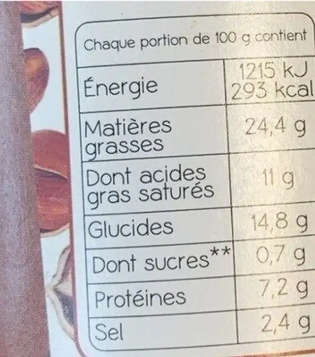 Mousse Chocolat Noir Noisettes du Piémont nutrition facts table