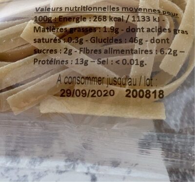 Tagliatelle aux pois chiches nutrition facts table