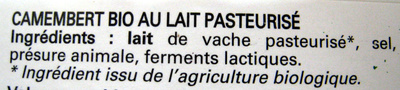 Camembert Bio (26 % MG) ingredients label