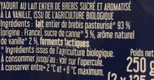 Yaourt de brebis ingredients label