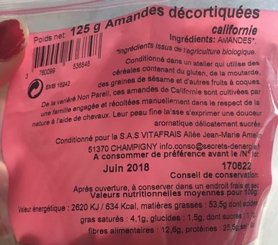 Amandes décortiquées ingredients label