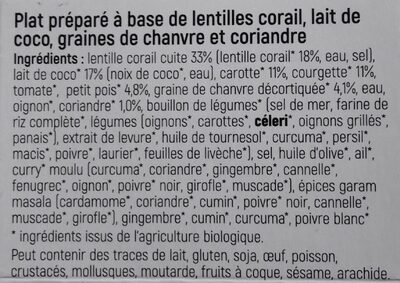 Dahl lentilles corail, lait de coco, coriandre ingredients label