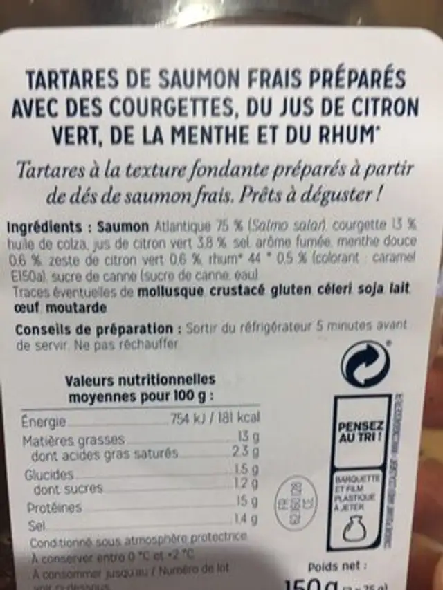 Tartare de saumon façon Mojito ingredients label