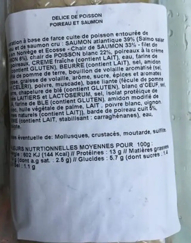 Delice de poisson poireau et saumon ingredients label