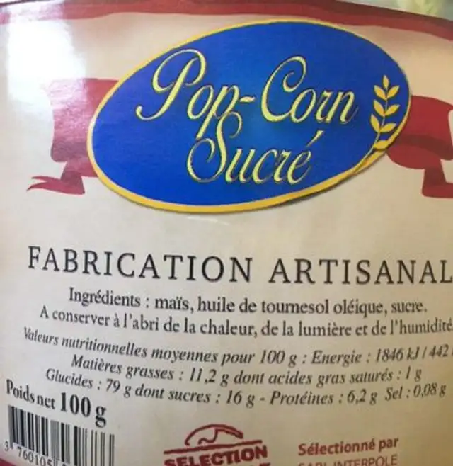 Pop corn sucre ingredients label