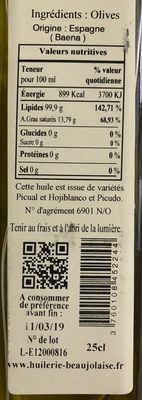 Huile d'olive vierge extra nutrition facts table