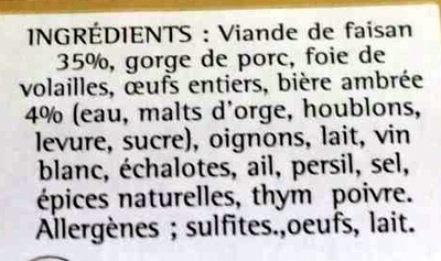 Terrine de Faisan à la bière ambrée ingredients label