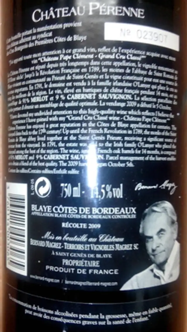 Château Pérenne Cru Bourgeois 2009 ingredients label