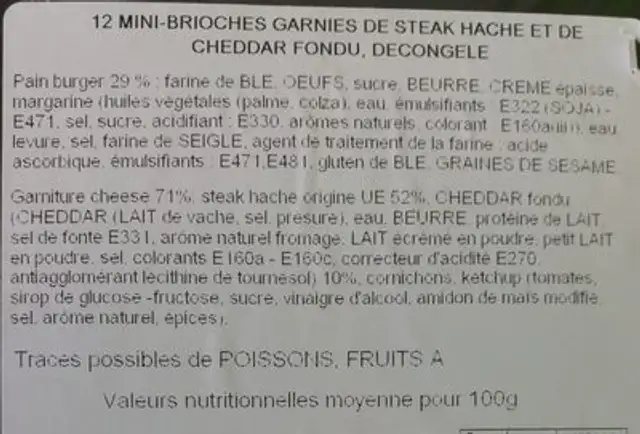 Minis Cheese Burgers ingredients label
