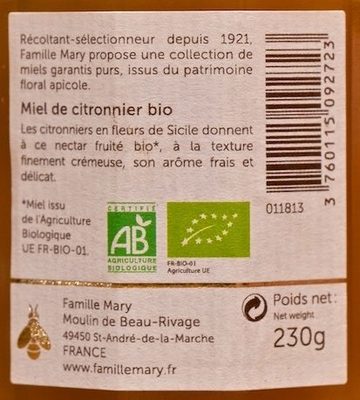 Miel de Citronnier Bio ingredients label