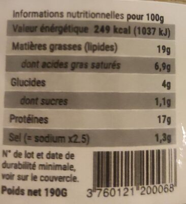 Boudin à l'ancienne bio nutrition facts table