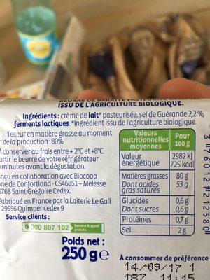 Beurre demi-sel de baratte 250g CC ingredients label
