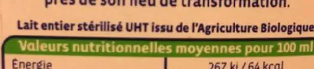 Lait entier UHT brique ingredients label