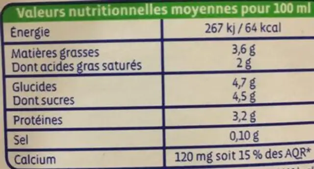 Lait entier UHT brique nutrition facts table