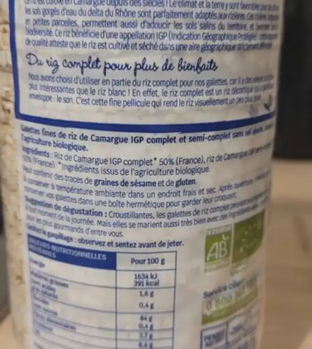Galette riz sans sel fine ingredients label