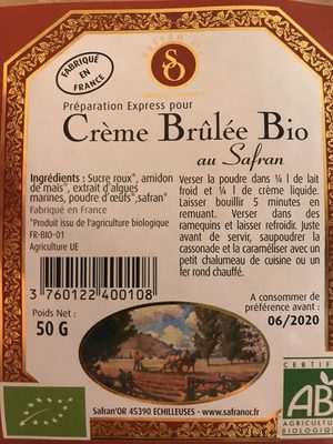 Crème brûlée bio au safran front packaging