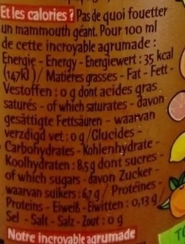 Agrumade nutrition facts table
