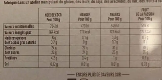 Collection exotique nutrition facts table