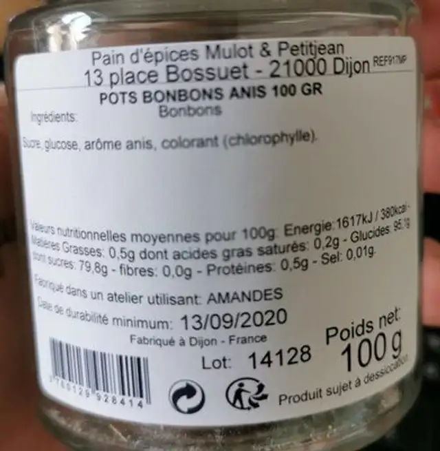 Bonbons de dijon nutrition facts table