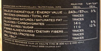 Nectar d'abricot Bergeron nutrition facts table