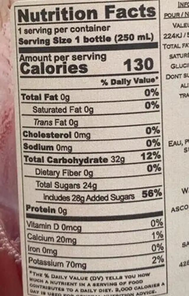 Nectar cramberry nutrition facts table