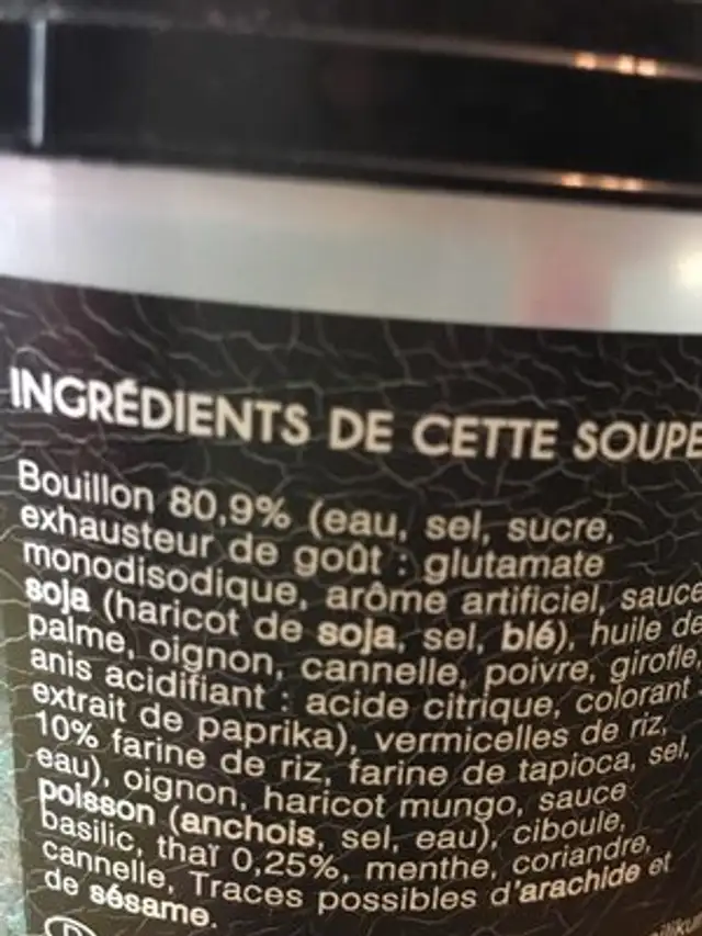 Soupe Pho, Nouilles & Basilic Thaï ingredients label