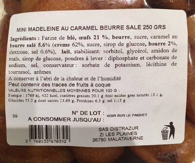 Mini Madeleines caramel nutrition facts table