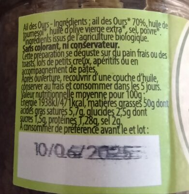 Ail des ours ingredients label