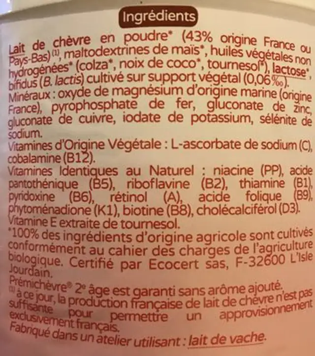Lait Infantile Chèvre 2ème âge ingredients label