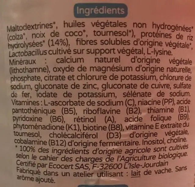 Premiriz 1er âge ingredients label