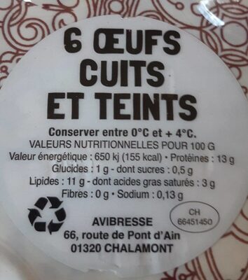 Oeufs durs cuits et  teints nutrition facts table