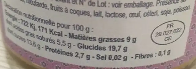Riz au lait caramel au beurre salé nutrition facts table