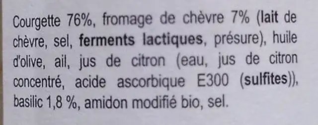 Courgette Fromage de chèvre et basilic ingredients label