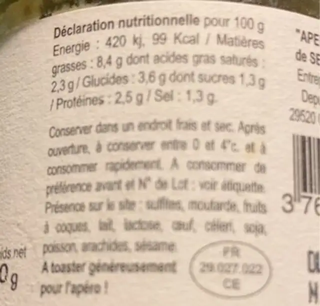 Courgette Fromage de chèvre et basilic nutrition facts table